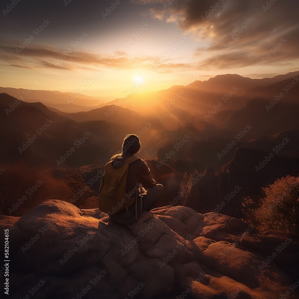 Backpacker sitting on a rock overlooking a mountain at sunset