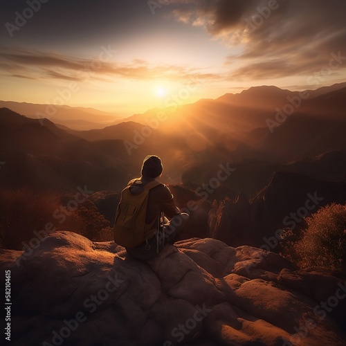 Backpacker sitting on a rock overlooking a mountain at sunset