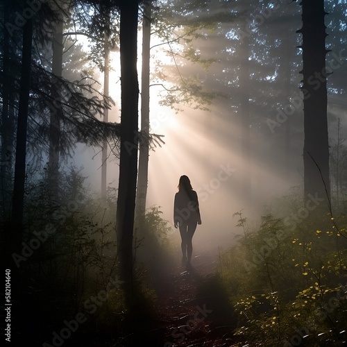 Silhouette of a woman in the forest during the the morning mist