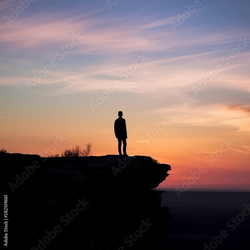 Silhouette of a person standing at the edge of a cliff looking out to the sunset