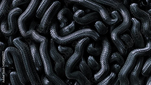 Metal texture dragon scales background. Lively coiled black snakes. 3D abstract background of intertlaced serpents. Close-up of reptile in motion.