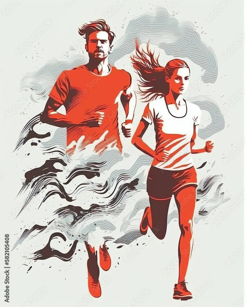 Illustration vom einem attraktiven  jungen Pächchen, dass gemeinsam joggt. T-Shirt Design (Generative AI)
