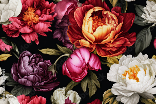 Seamless pattern with a pattern of peonies on a dark background. Generative AI. Can be used for textiles  yoga mats  phone cases