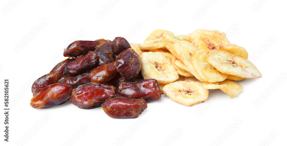 Tasty dried bananas and dates on white background Tasty dried bananas and dates on white background