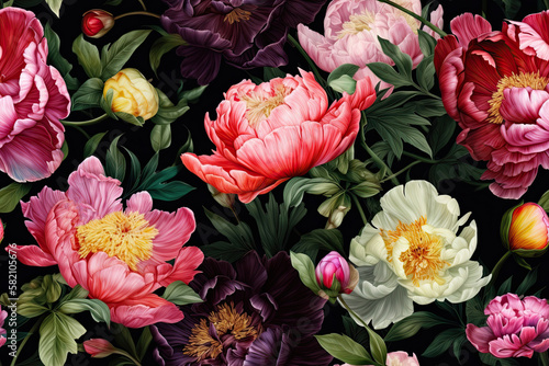 Seamless pattern with a pattern of peonies on a dark background. Generative AI. Can be used for textiles, yoga mats, phone cases