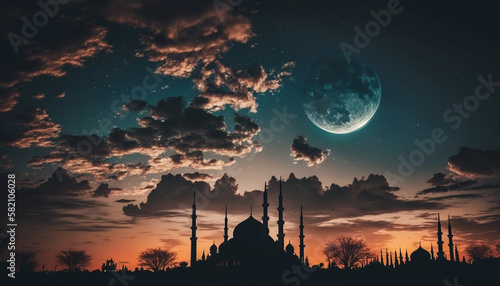 Mosque sunset sky, moon, holy night, islamic night and silhouette mosque, islamic wallpaper. Generative AI.