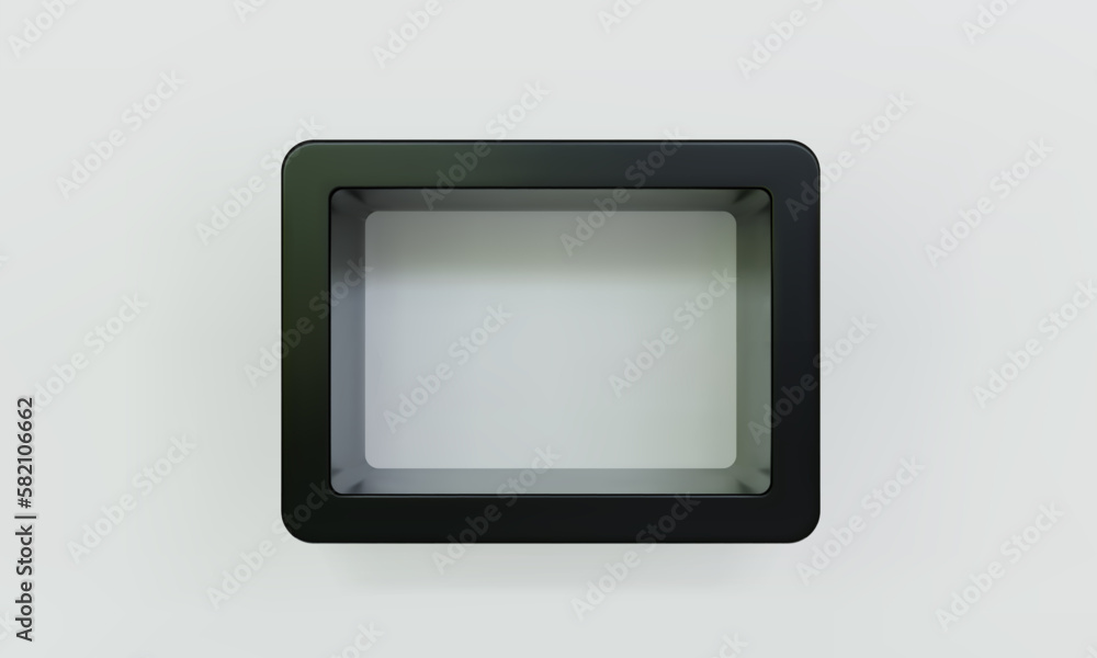 Empty black rounded rectangular shelf or niche on white wall 3D mockup. Shop plastic or wooden showcase to present product. Blank retail storage space. Interior design furniture. Room bookshelf Empty black rounded rectangular shelf or niche on white wall 3D mockup. Shop plastic or wooden showcase to present product. Blank retail storage space. Interior design furniture. Room bookshelf