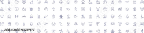 Funny people and cute animals line icons signs set. Design collection of Humorous, Furry, Adorable, Amusing, Grinning, Playful, Charming, Cheerful outline concept vector illustrations