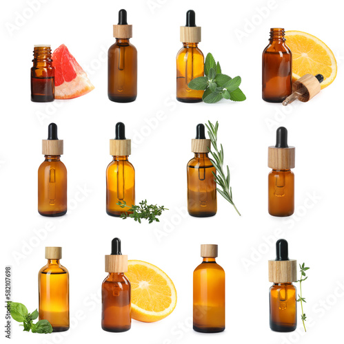 Many different essential oils and ingredients on white background  collage