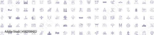 Landmarks and cultures line icons signs set. Design collection of Landmarks, Cultures, Heritage, Sites, Ruins, Attractions, Monuments, Traditions outline concept vector illustrations