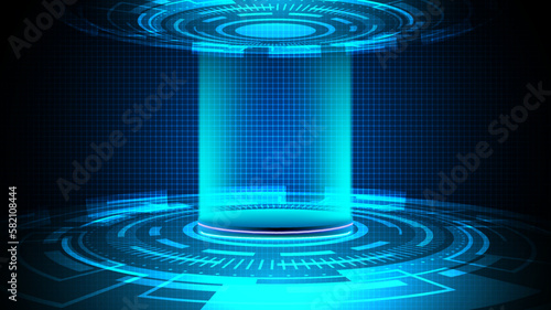 Abstract 3D realistic technology digital cyberpunk podium display neon lighting circle portal tunnel with HUD geometric elements on dark blue grid background