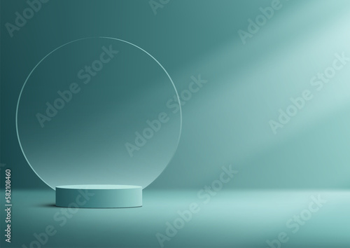 3D realistic luxury empty blue turquoise podium cylinder shape product display with circle transparent glass backdrop