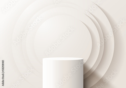 3D realistic white podium cylinder shape with circle layer backdrop and lighting on minimal wall scene clean background