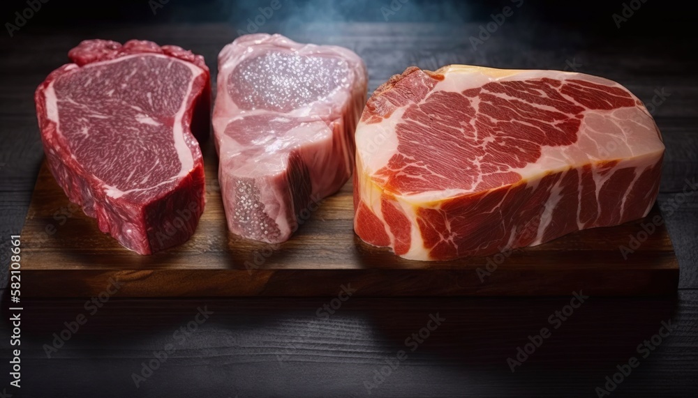 top view three raw steaks over cutting board, delicious gourmet meat top view three raw steaks over cutting board, delicious gourmet meat