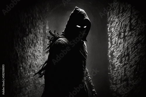 Shadowy assassin lurking in the shadows, ready to strike. the assassin's stealthy form and ominous atmosphere. sense of fear and danger. solid dark background, emphasizing focus on character. Ai photo