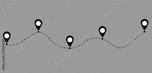 Line drawing of map location pointers. Map pin or navigation pointer with single line route or way. Vector illustration.