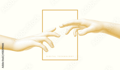 Hands reaching towards each other. Concept of human relation, togetherness or  partnership. 3D vector illustration. Design for banner, flyer, poster, cover or brochure.