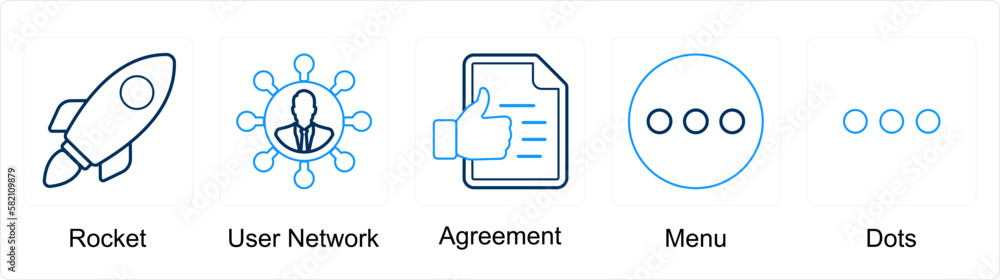 A set of 5 mix icons as rocket, user network, agreement