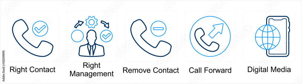 A set of 5 mix icons as right contact, right management, remove contact