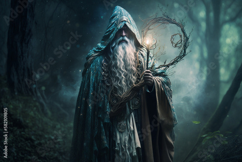 A mystical druid standing in a lush forest glade, surrounded by ethereal wisps of magic. intricate details of the druid's robes and staff. a touch of dreaminess. fantasy Ai