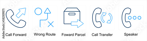 A set of 5 mix icons as call forward, wrong route, forward parcel