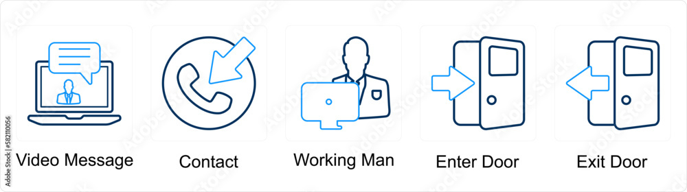 A set of 5 mix icons as video message, contact, working man A set of 5 mix icons as video message, contact, working man