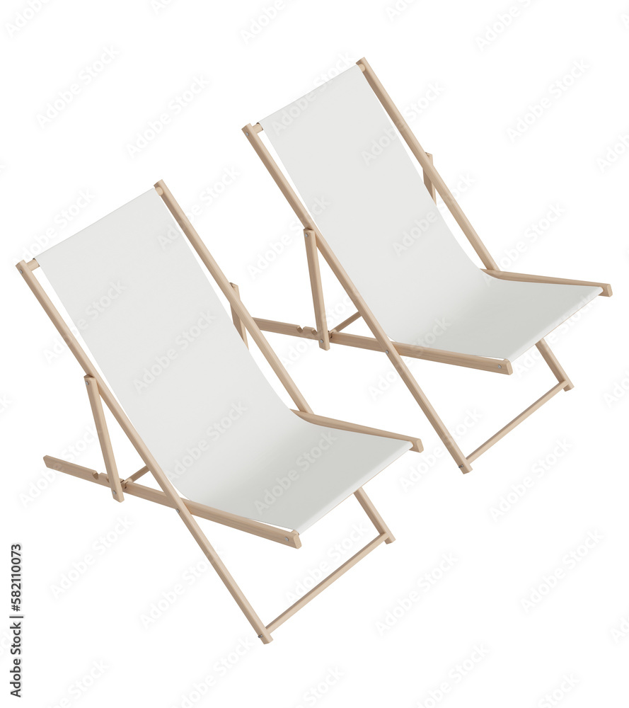 Two beach chairs in isolated background, 3d rendering. Lounge chairs illustration, concept of summer vacation, holiday season