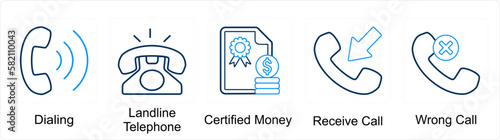 A set of 5 mix icons as calling, landline telephone, certified money