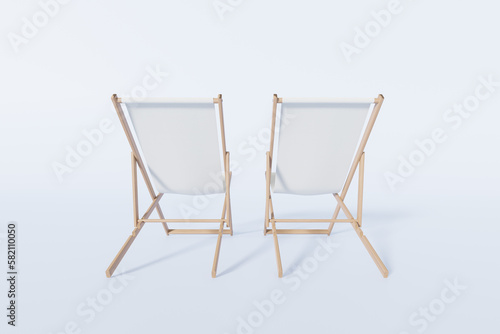 Two beach chairs in pale blue background  3d rendering. Lounge chairs illustration  concept of summer vacation  holiday season