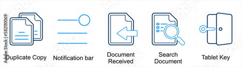 A set of 5 mix icons as duplicate copy, notification bar, document received