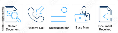A set of 5 mix icons as search document, receive call, notofication bar
