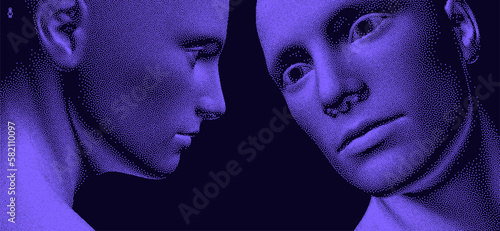 Abstract digital human head. Technology concept. Anonymous social masking. Dialogue, contact, conversational exchange between two individuals. Cyber security vector illustration. 3d vector.