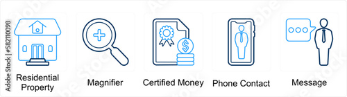 A set of 5 mix icons as residential property, magnifier, certified money 