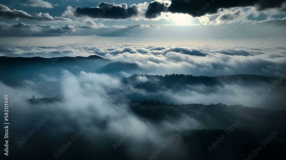 Fototapeta premium A misty and moody sky with soft clouds in shades of blue and gray Generative AI