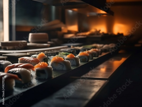 Sushi Conveyer Belt Restaurant at night Generative AI