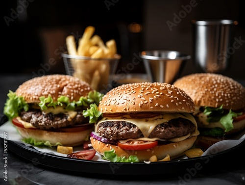 hamburger cheeseburger with fries, tomato and salad, Generative AI