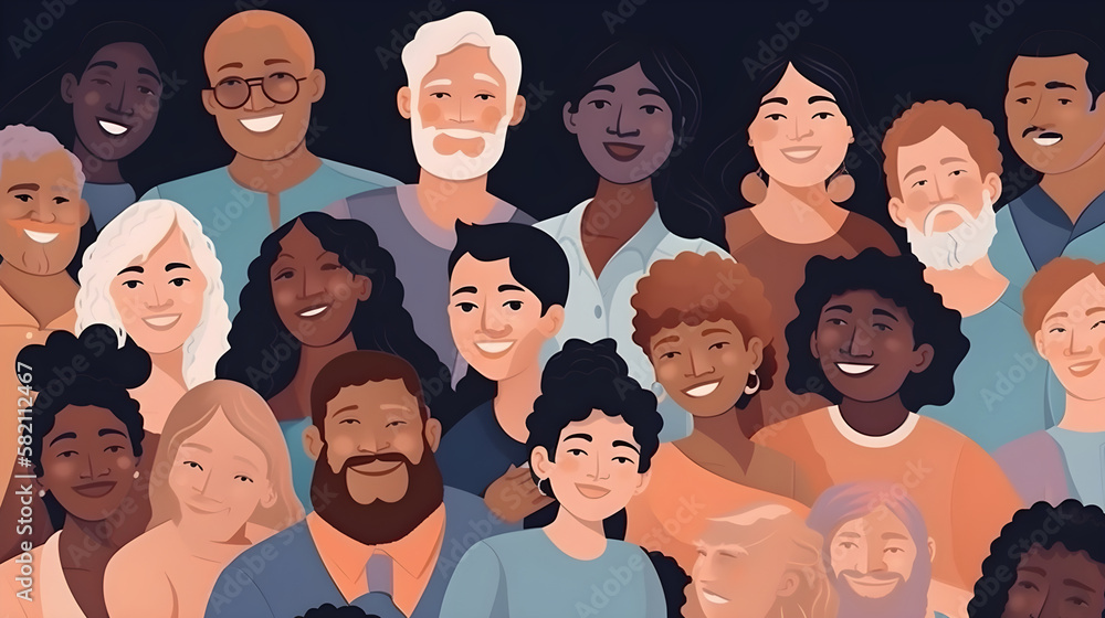 Group of diverse happy smiling disabled people and guide dog with an assortment of different handicaps on a pink background. Generative Ai Group of diverse happy smiling disabled people and guide dog with an assortment of different handicaps on a pink background. Generative Ai