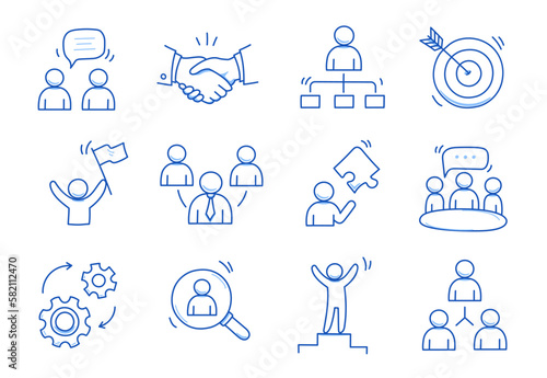 Doodle business team icon set. Doodle teamwork people community, office man group work concept. Target, gear, handshake element. Hand drawn sketch style vector illustration