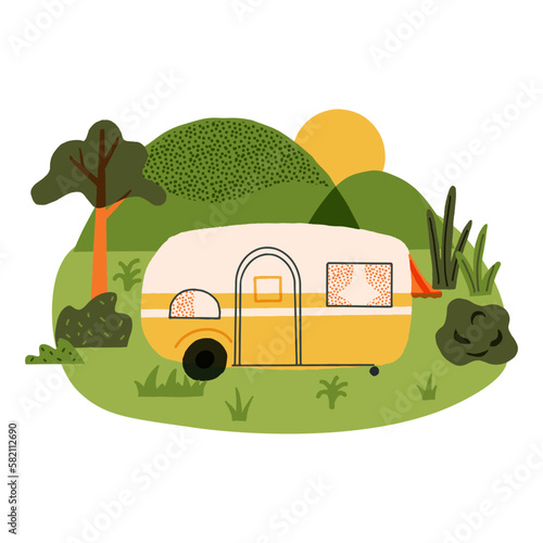 Camping, nature recreation, outdoor vacation landscape. Retro mobile camp, hills, tree. Car camper, trailer, caravan car