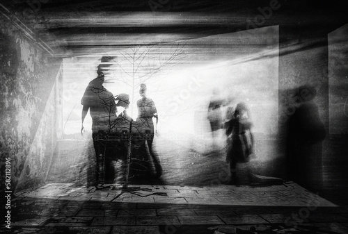 The aftermath of the Chernobyl accident. Abandoned houses, destruction, painted walls.