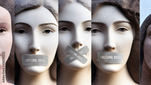 Emotional abuse and silenced women. They are symbolic of the countless others who has been silenced by emotional abuse simply because of their gender.,3d illustration photo