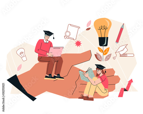 Education opportunity for company employees. Employee skills and professional development benefits, flat vector illustration isolated on white. Educational payments and opportunity for personel.