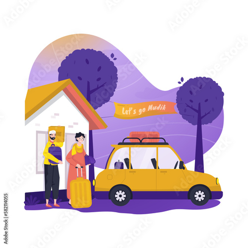 Muslim family preparing to mudik eid mubarak tradition illustration