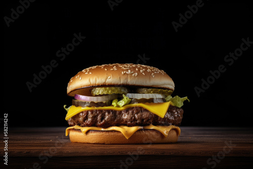 perfect cheese burger with vegetables on wooden table and black background. Ai generative