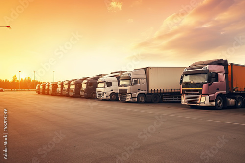 many transport trucks parked at a service station at sunset. Ai generative