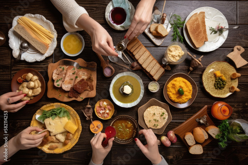 several people eating kosher food on a wooden table. top view. Ai generative