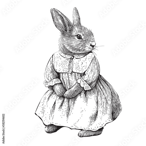 Rabbit girl in a dress sketch hand drawn in doodle style illustration