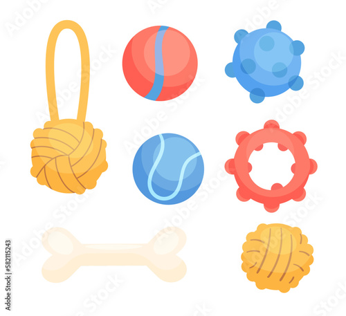 Set of different toys for pets. Rubber ball, rope, ring, bone, tennis ball. Accessories for training and play. Vector cartoon icon isolated on a white background.