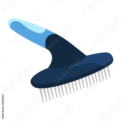 Large toothed comb for pet wool. Groomer's tool. Brush with teeth for combing a cat. Vector cartoon icon isolated on a white background.