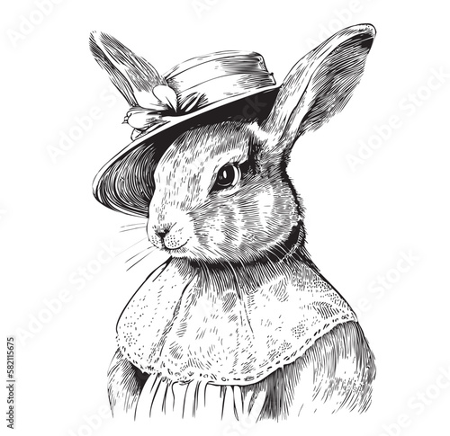 Portrait of a rabbit girl in a dress anf hat sketch hand drawn in doodle style illustration